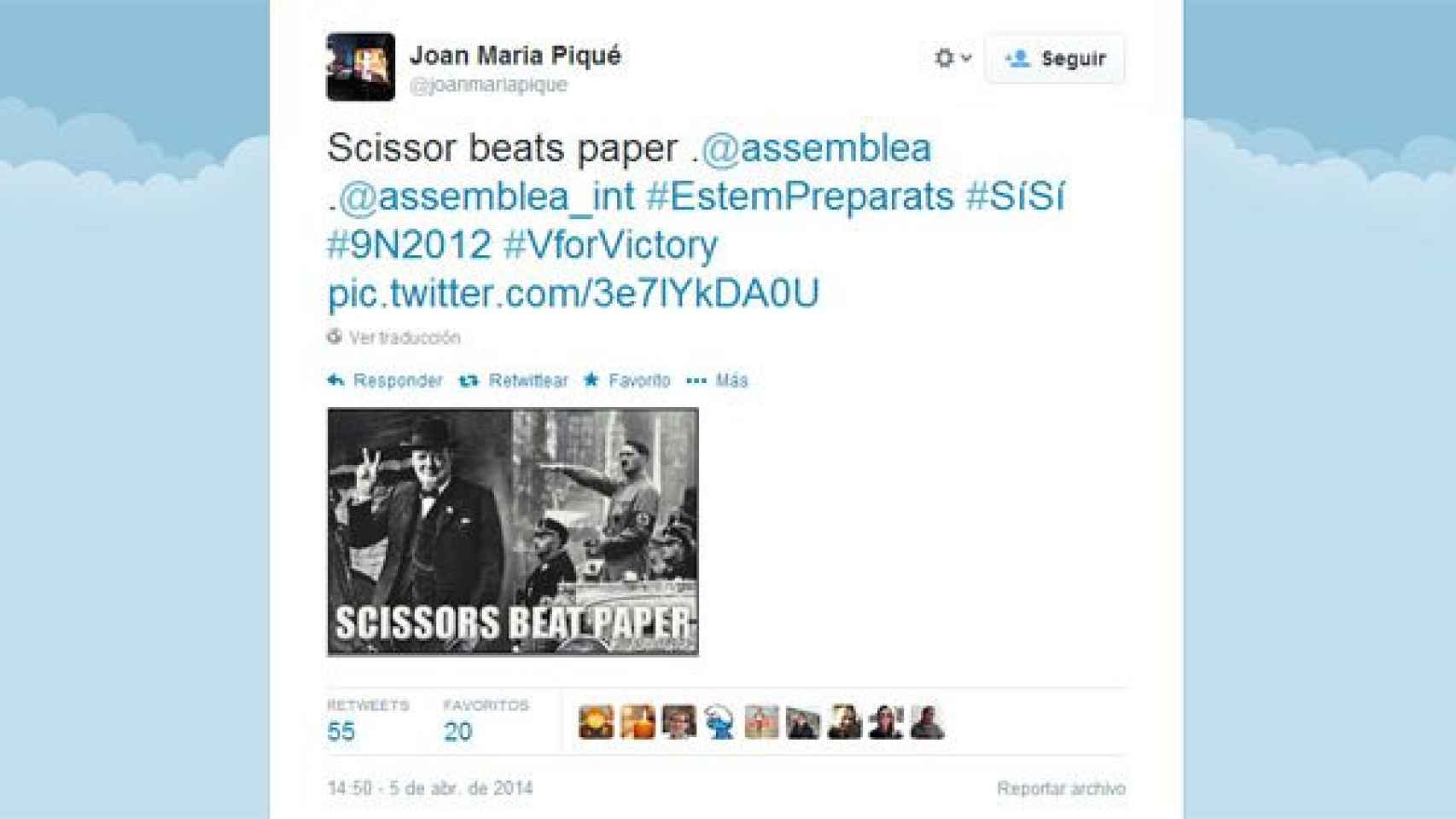 Tuit de Joan Maria Piqué Fernández, jefe de prensa de Mas, en el que se equipara a los que se oponen a la independencia con los nazis