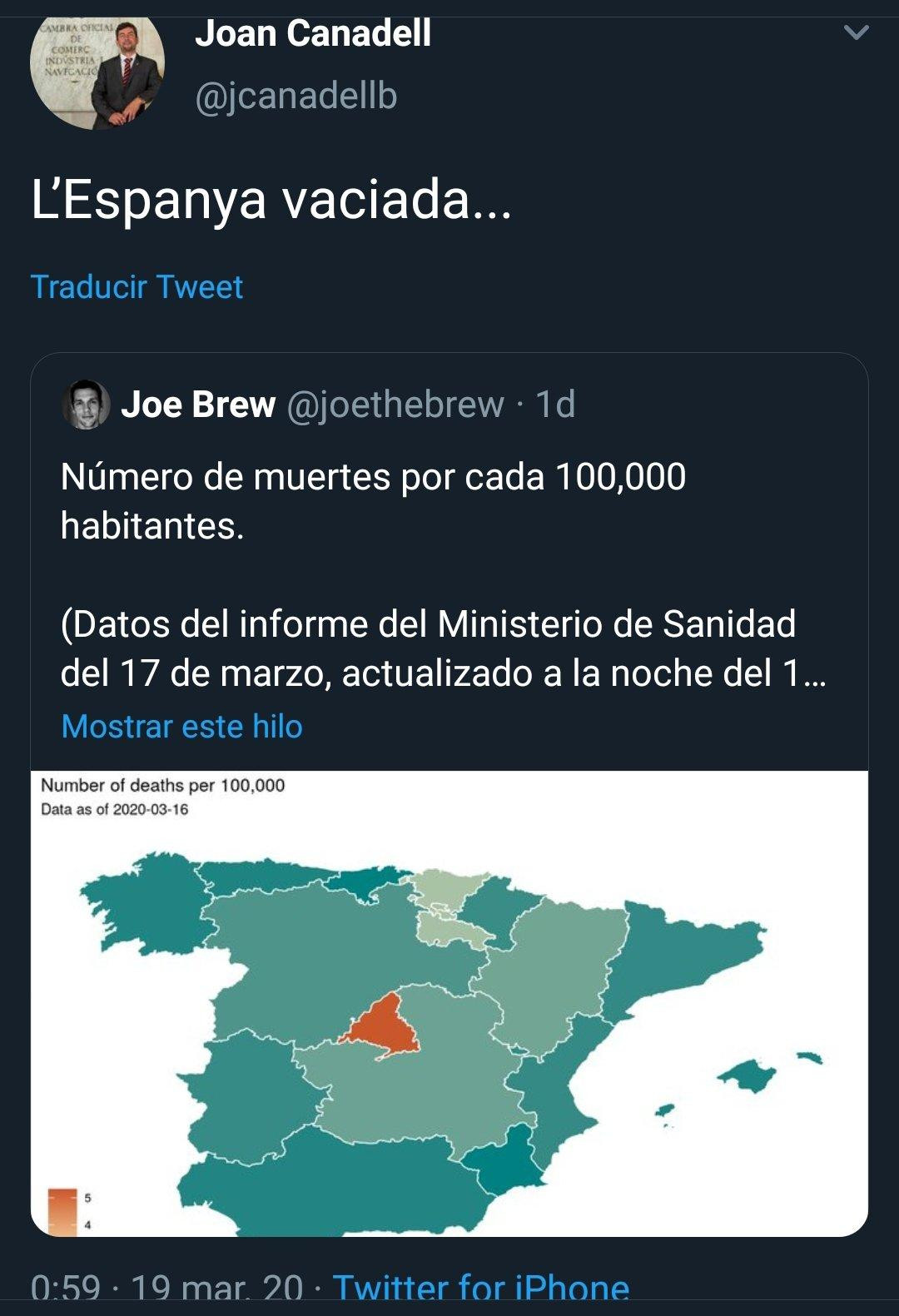 Captura de pantalla del tuit de Joan Canadell sobre España y el coronavirus