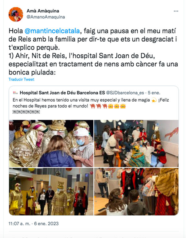 Tuit en castellano de la visita de los Reyes Magos al hospital Sant Joan de Déu