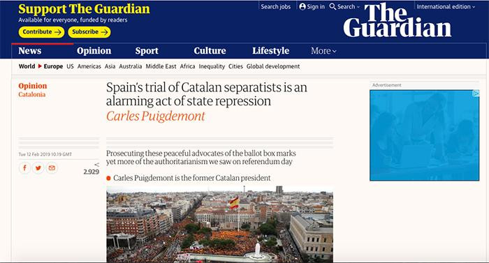 Artículo en 'The Guardian de Carles Puigdemont