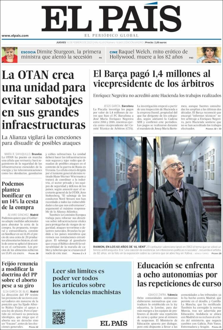 Portada de 'El País' del 16 de febrero de 2023