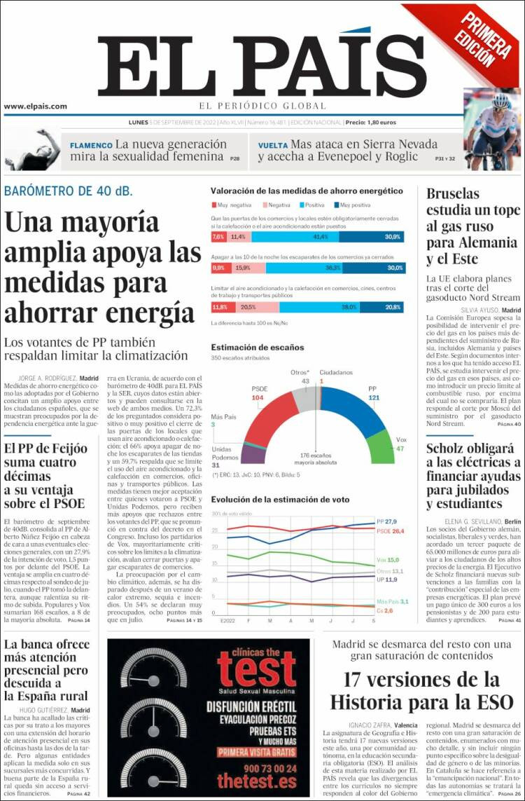 Portada de 'El País' de 5 de septiembre de 2022 / KIOSKO.NET