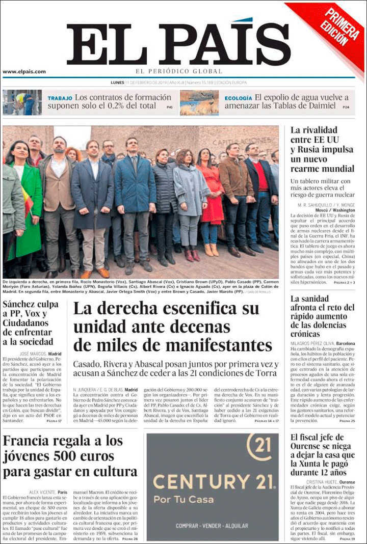 Portada de 'El País' del 11 de febrero de 2019