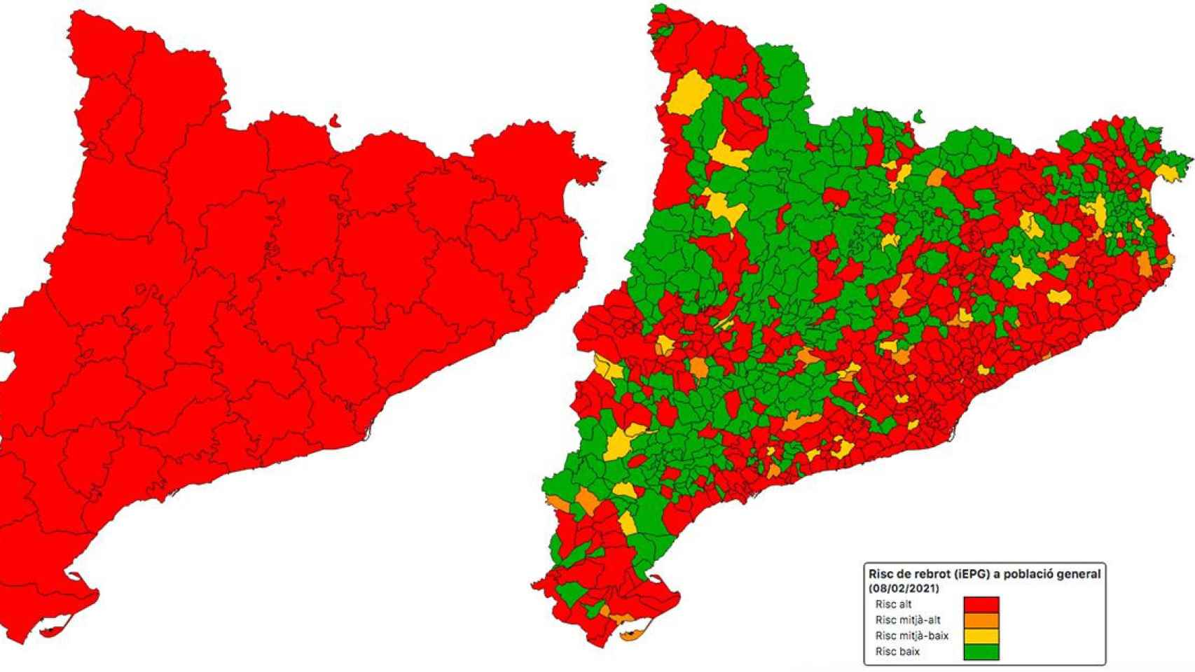 El riesgo de rebrote en las comarcas y los municipios de Cataluña a 8 de febrero del 2021 / DADESCOVID