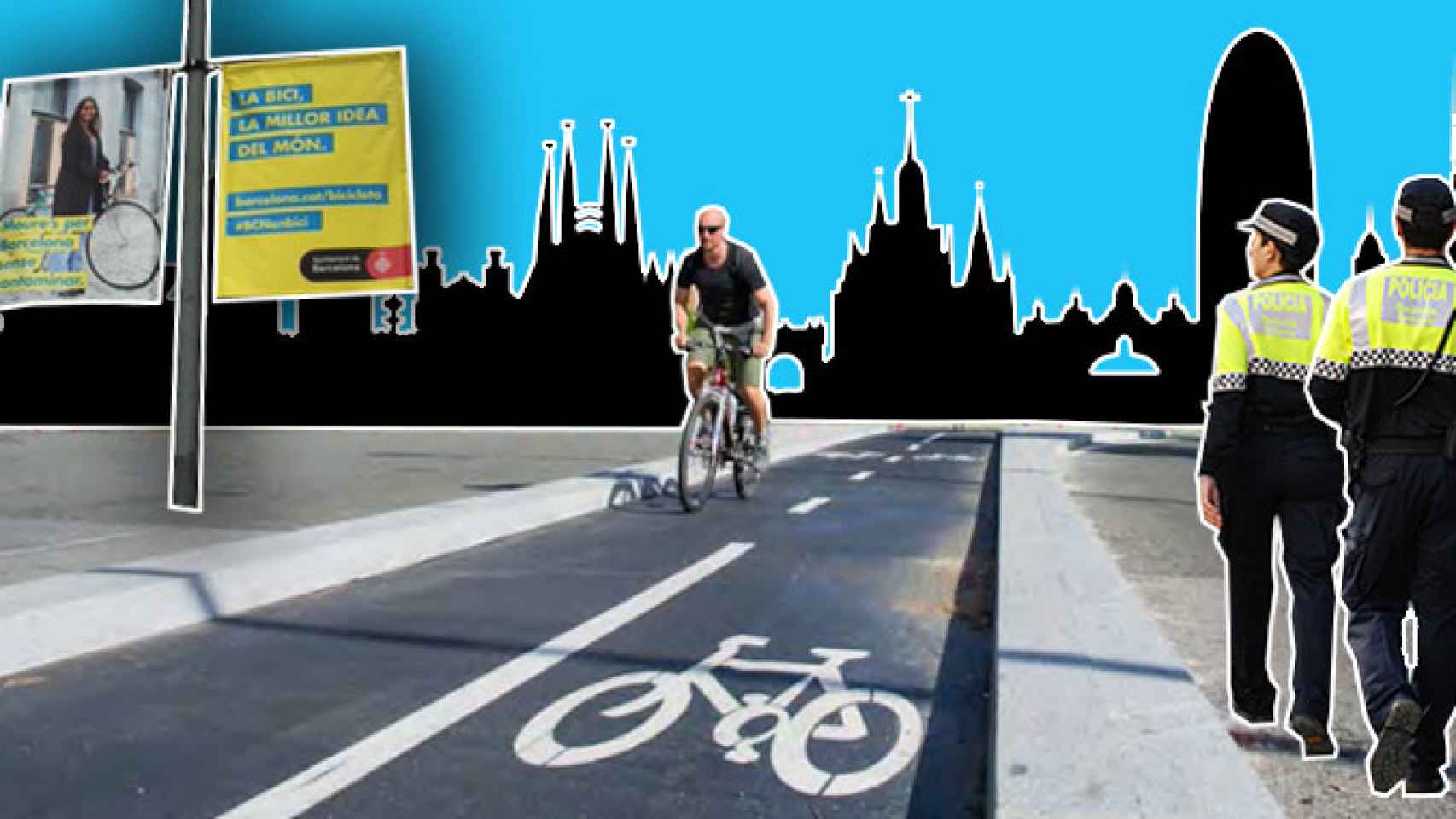 Un ciclista en Barcelona, una patrulla de la Guardia Urbana y un cartel recomendando la bicicleta.