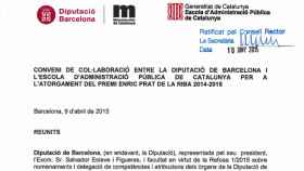 Encabezado del convenio de colaboración entre la Diputación de Barcelona y la Generalitat para el premio Prat de la Riba de investigación en derecho local.