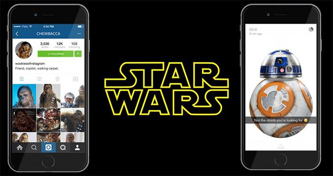Perfiles de Chewbacca en Instagram y de BB-8 en Snapchat / HOOTSUITE - STAR WARS
