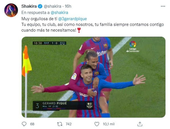 El tuit de agradecimiento a Gerard Piqué de Shakira / Redes