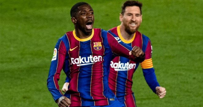 Ousmane Dembelé y Leo Messi celebrando el gol ante el Valladolid / FCB