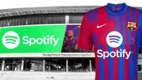 Montaje con el logo de Spotify en la camiseta del Barça y en el Camp Nou / EL ESPAÑOL