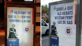 Dos de los carteles de 'Fidels al Barça' sobre Laporta y Florentino / Redes