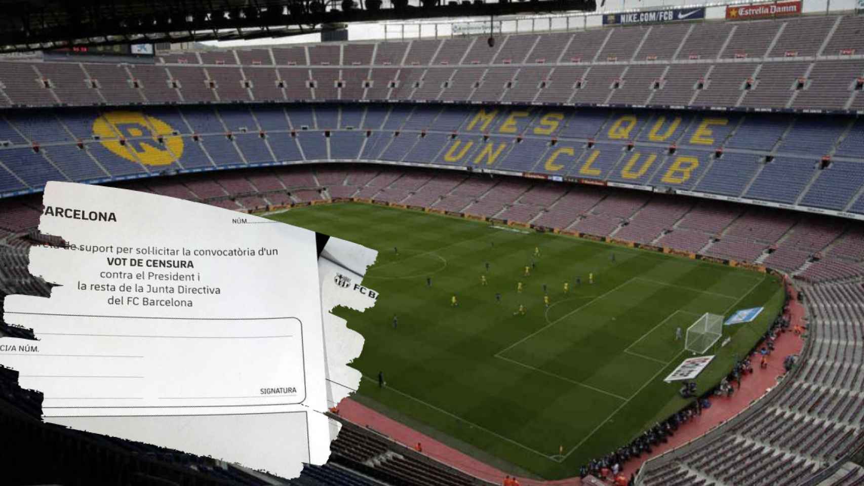 Fotomontaje del Camp Nou con las papletas de la moción / Culemanía