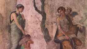 Un fresco de Pompeya donde se representa (a la izquierda) a la diosa Peitho llevando a Eros con Venus y Anteros. Humanidades