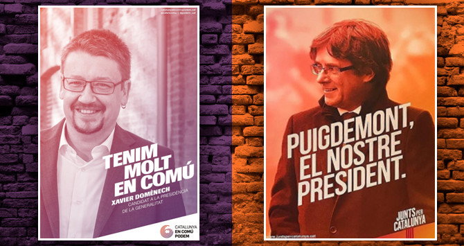 Los carteles de Xavier Domènech (Catalunya en Comú) y Carles Puigdemont (Junts per Catalunya) son muy parecidos / CG