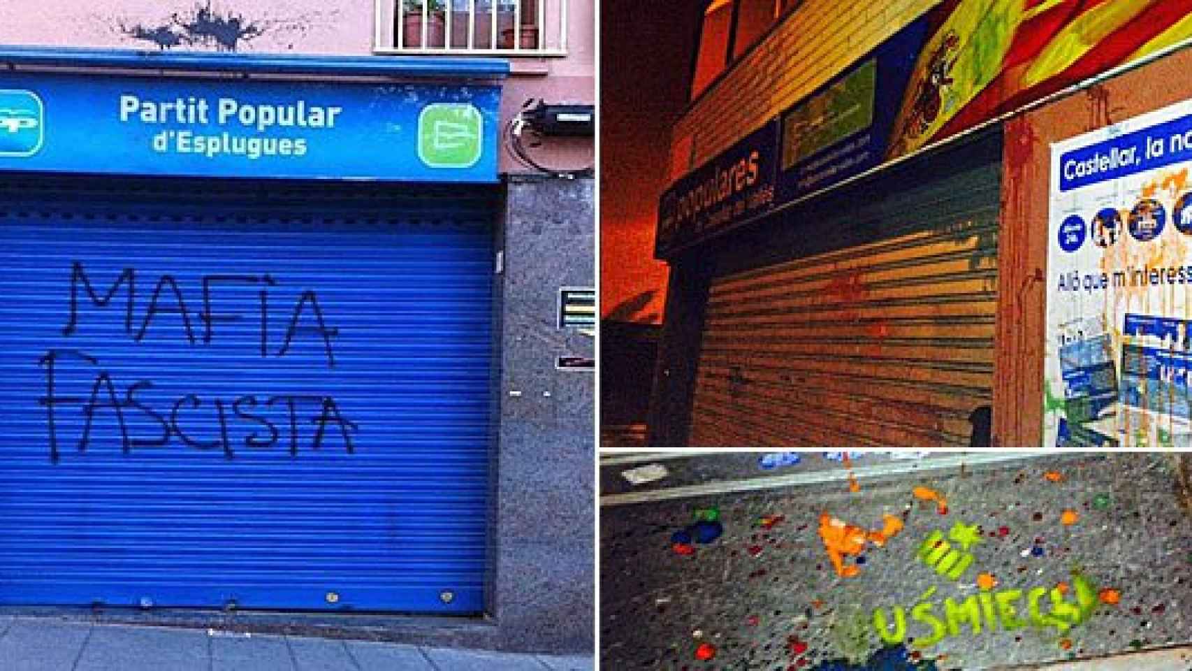 Ataques a las sedes del PP de Esplugues de Llobregat (izquierda) y Castellar del Vallès / PP