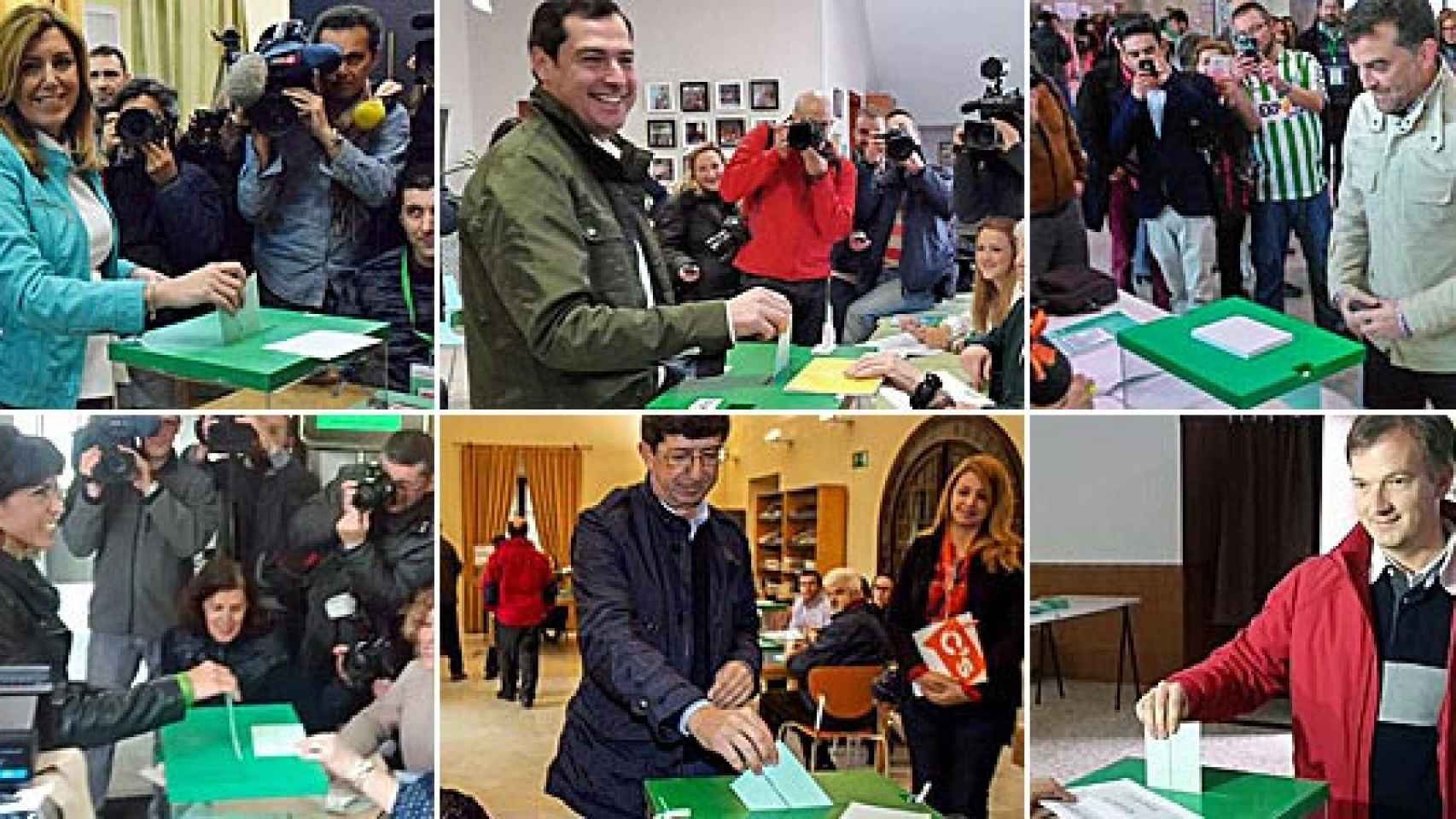 Los candidatos a la Presidencia de la Junta de Andalucía, Susana Díaz (PSOE), Juan Manuel Moreno (PP), Antonio Maíllo (IU), Teresa Rodríguez (Podemos), Juan Marín (Ciudadanos) y Martín de la Herrán (UPyD)
