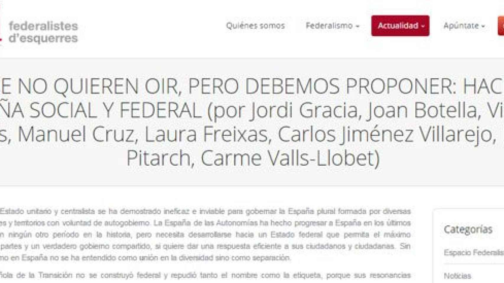 'Lo que no quieren oír, pero debemos proponer: hacia una España social y federal', nuevo manifiesto promovido por Federalistes d'Esquerras