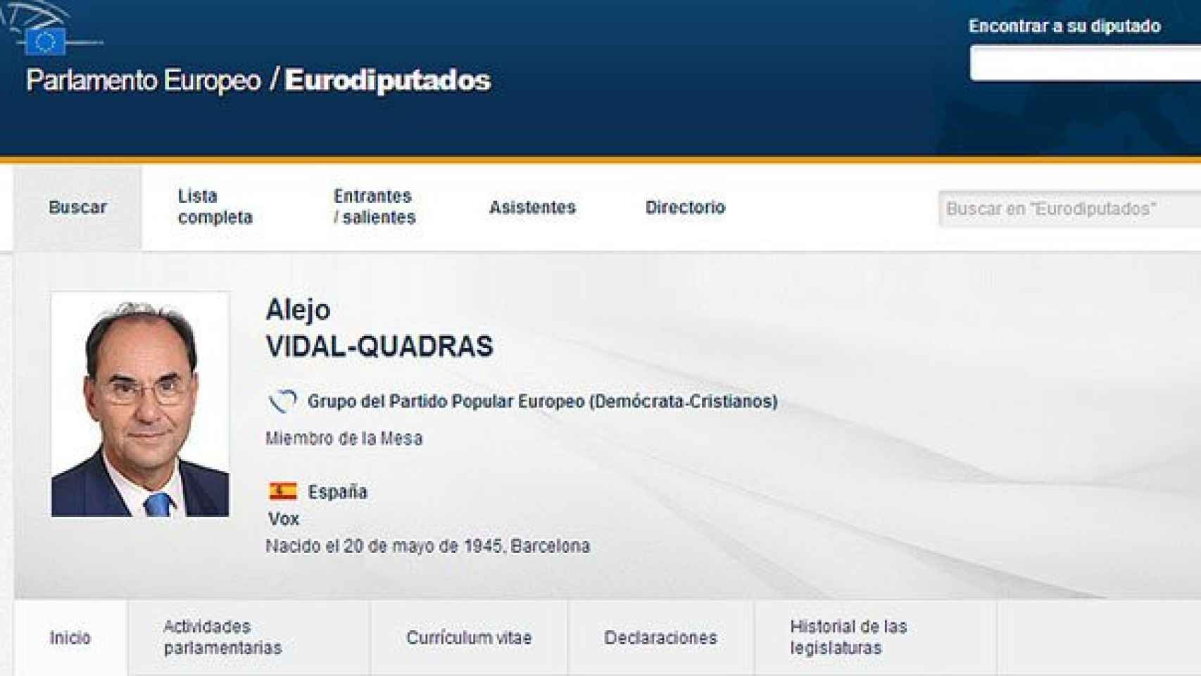 Ficha de Aleix Vidal-Quadras en la web oficial del Parlamento Europeo