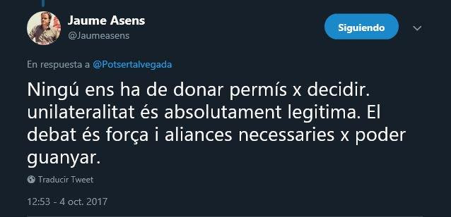 Tuit de Jaume Asens defendiendo la unilateralidad