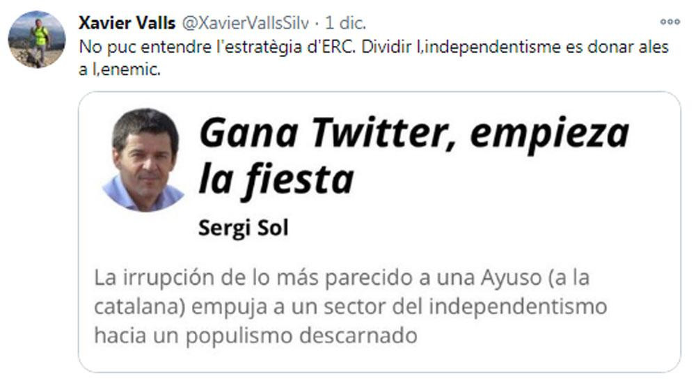 Tuit del presentador de TV3 Xavier Valls, lamentando la división del independentismo / @XavierVallsSilv (TWITTER)
