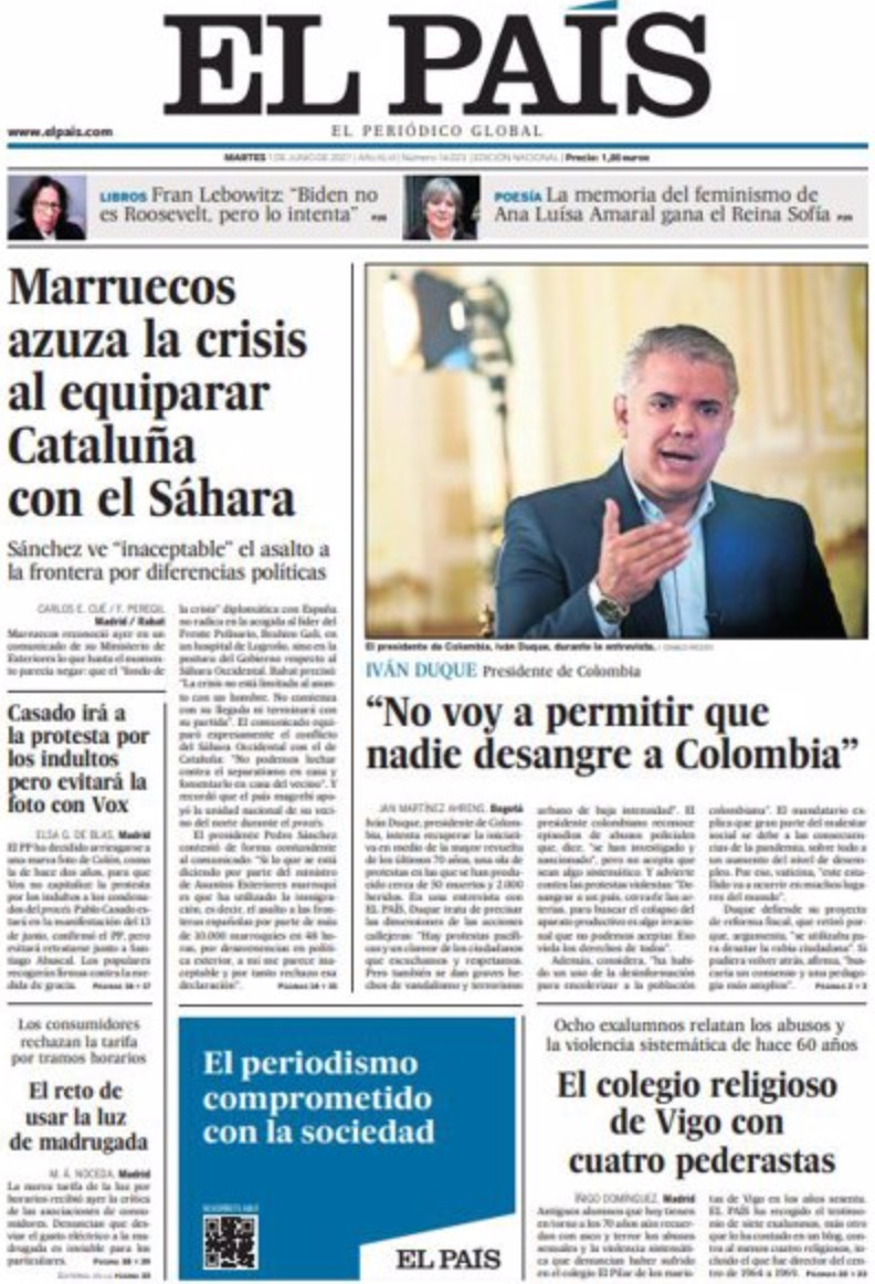 Portada de 'El País' del 1 de junio de 2021 / EL PAÍS
