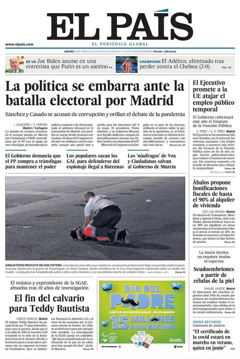 Portada de 'El País' del 18 de marzo de 2021 / EL PAÍS
