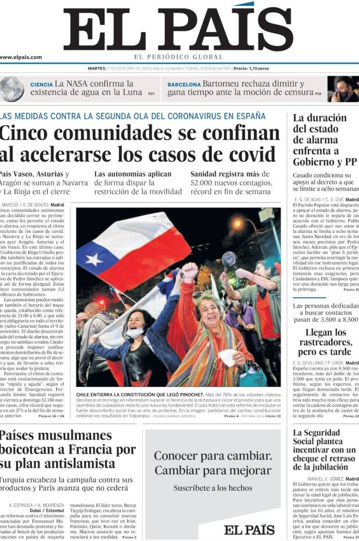 Portada de 'El País' del 27 de octubre de 2020 / KIOSKO. NET