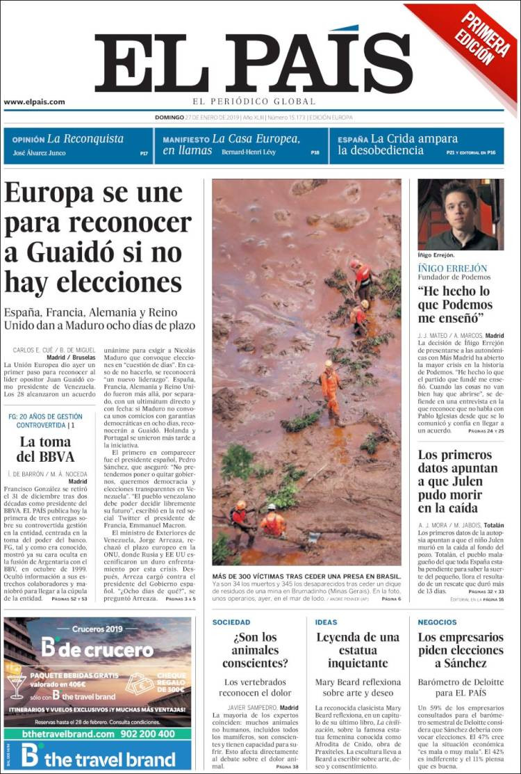 Portada del día 'El País' del 27 de enero de 2019
