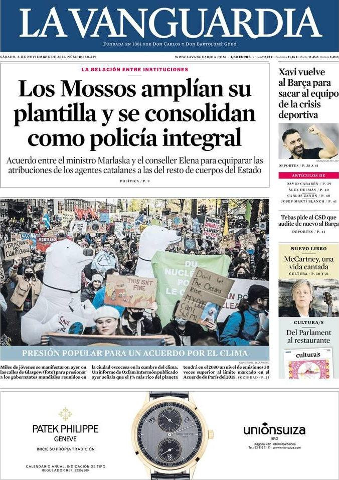 Portada de La Vanguardia, 6 de noviembre de 2021