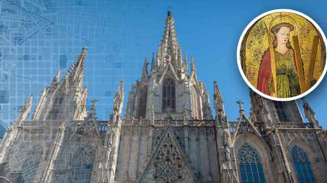 Catedral de la Santa Creu i Santa Eulàlia, en Barcelona, junto a un mapa de la ciudad y la imagen de la joven mártir / FOTOMONTAJE DE CG