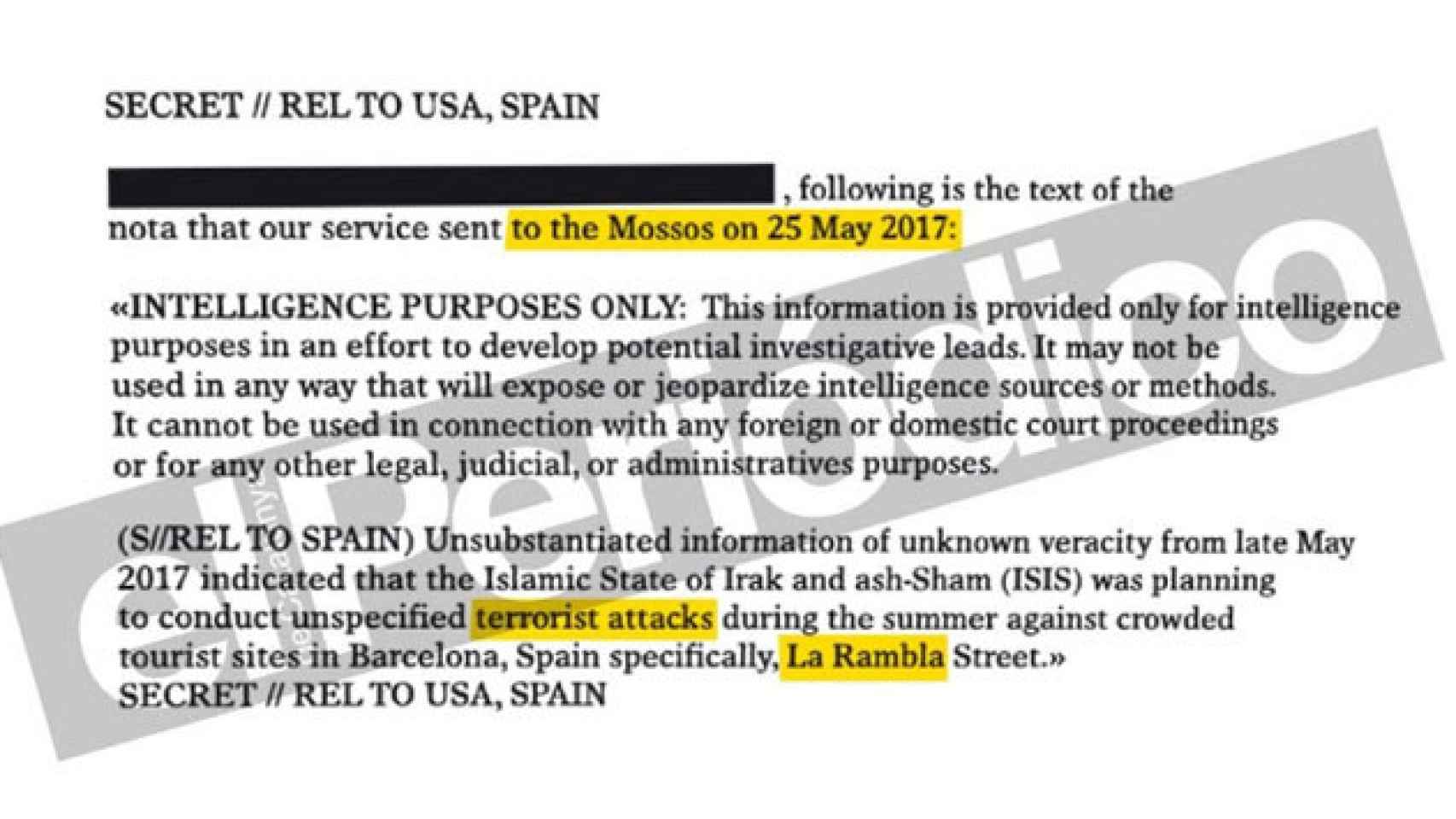 Comunicado enviado por la CIA a los Mossos d'Esquadra el 25 de mayo de 2017 alertando de un posible atentado terrorista en Las Ramblas