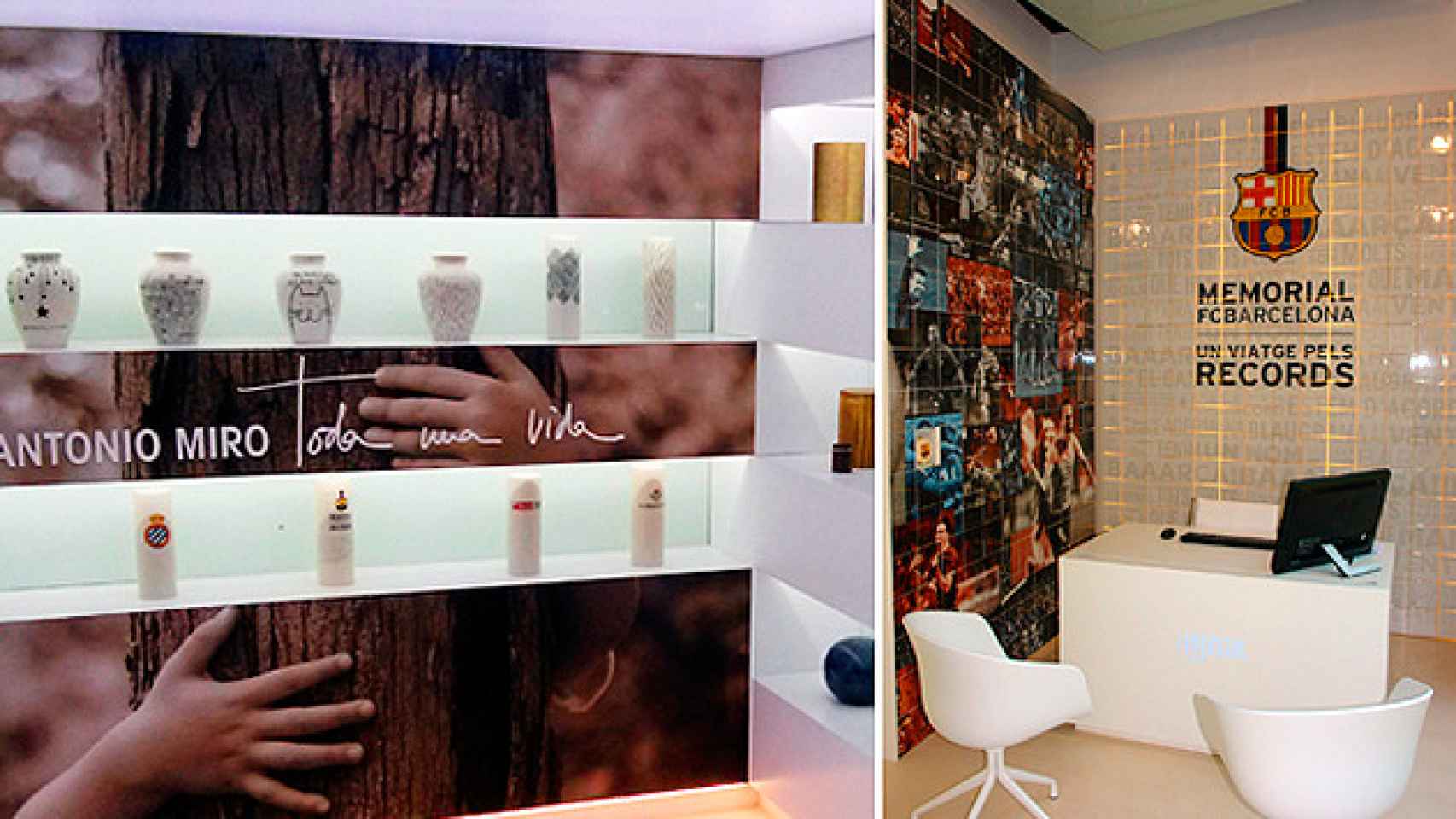 Interior de la iUnik Store de Barcelona, ya cerrada, con una muestra de las urnas de Antonio Miró y un columbario del Barça / CG