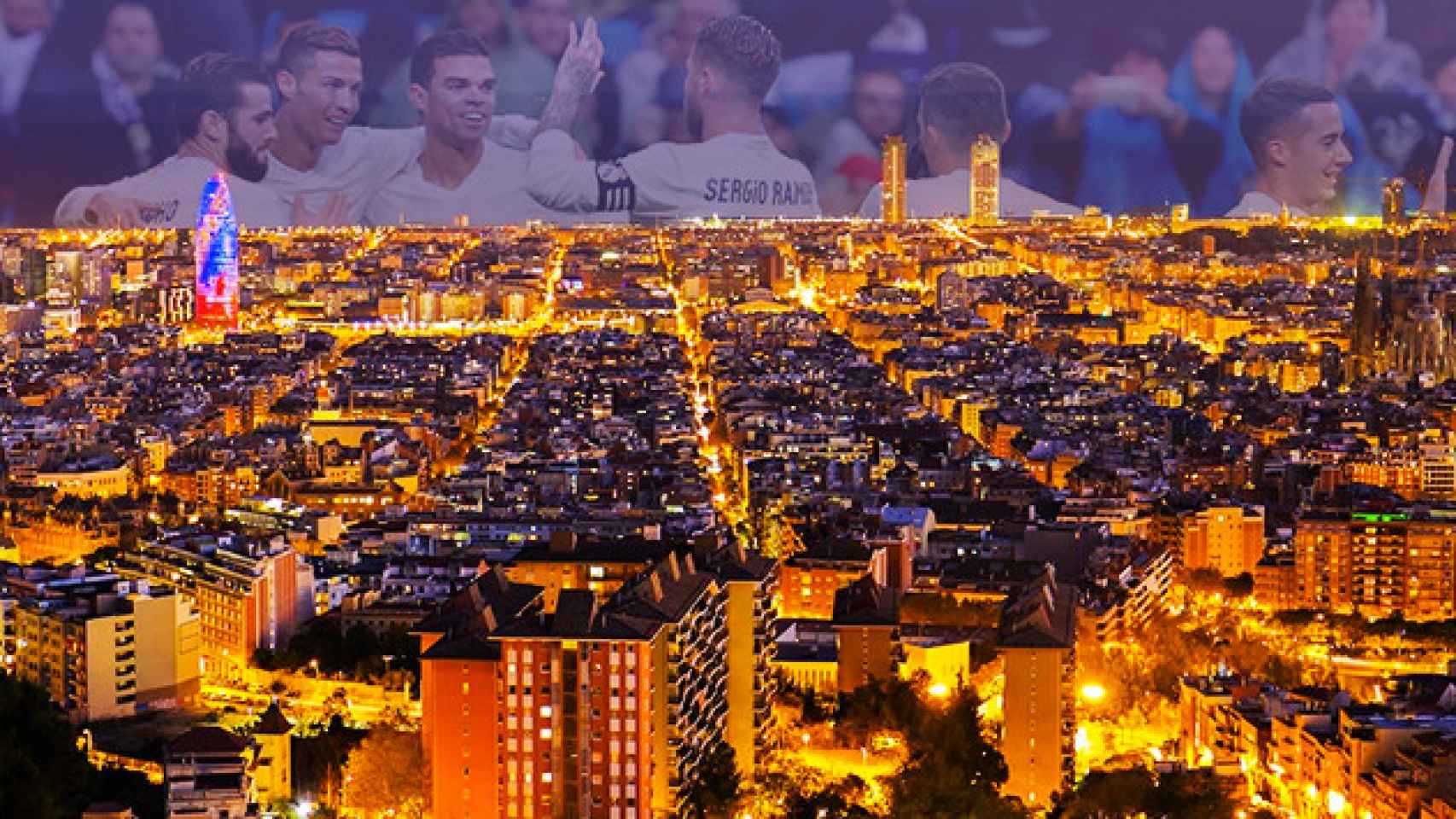 Barcelona de noche y el Real Madrid / FOTOMONTAJE CG