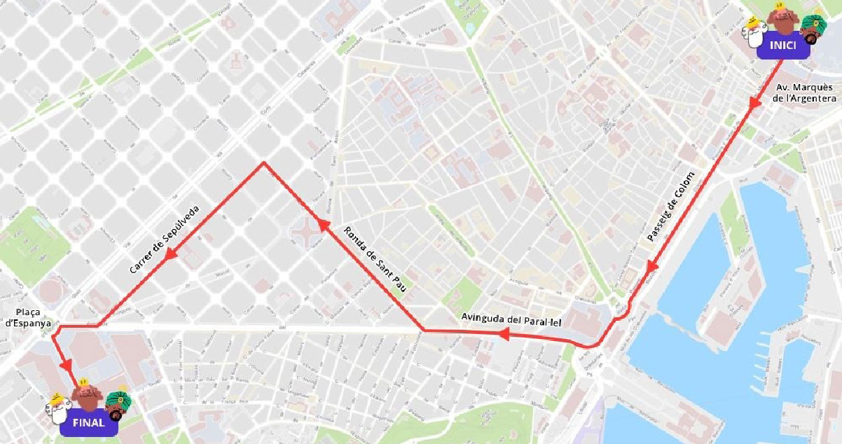 Mapa del recorrido de la cabalgata de los Reyes Magos en Barcelona este jueves por la tarde