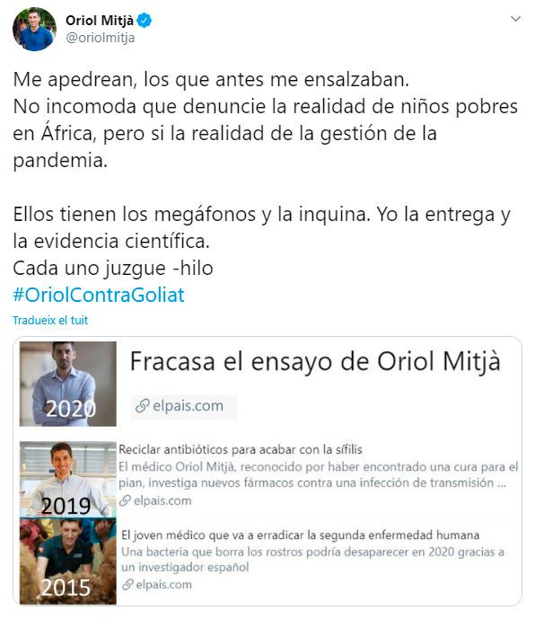 Oriol Mitjà se defiende en Twitter