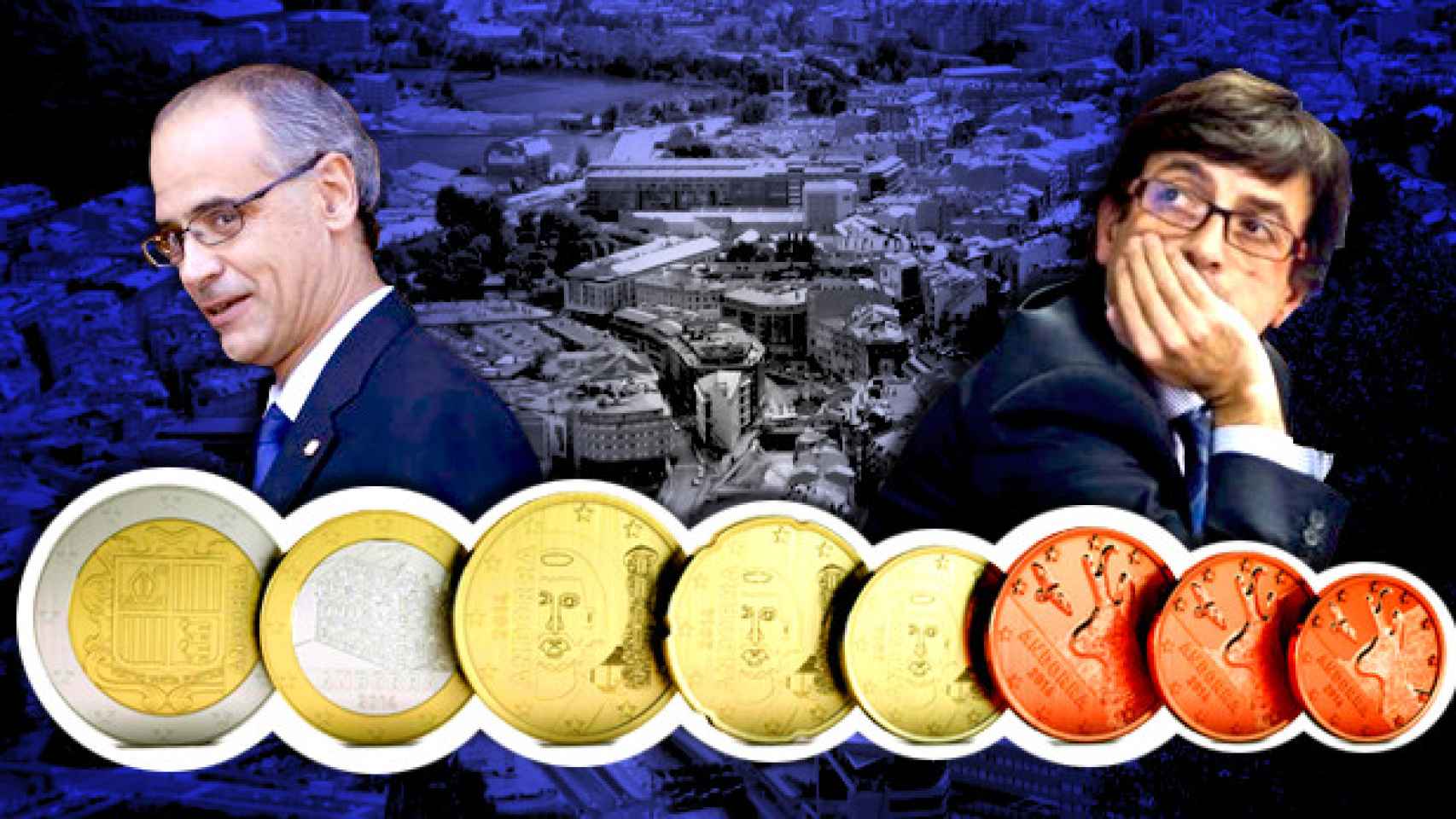 El jefe de Gobierno de Andorra, Toni Martí (i), y el ministro de Finanzas, Jordi Cinca (d), con euros andorranos / FOTOMONTAJE CG