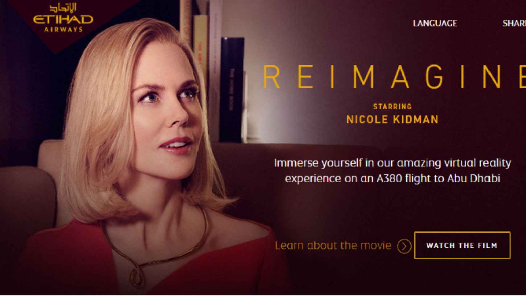 Imagen de la web de Eithad Airways en la que anuncian el nuevo corto de Realidad Virtual protagonizado por la actriz Nicole Kidman.
