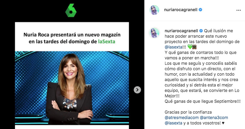 Publicación de Nuria Roca en Instagram / @nuriarocagranell