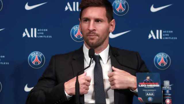 Messi en la rueda de prensa de su presentación con el PSG / EFE