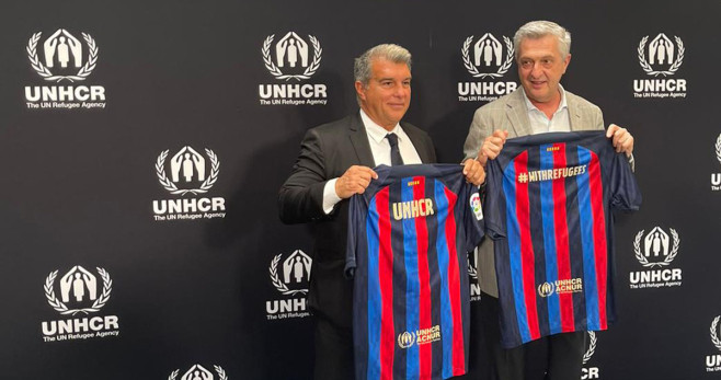 Joan Laporta y Filippo Grandi presentan la alianza del Barça con ACNUR en Ginebra / FCB