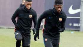 Una foto de archivo de Nelson Semedo y Ousmane Dembelé en un entrenamiento del Barça / FCB