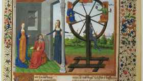 Miniatura de una edición medieval  donde aparecen Boecio, la Filosofía (personificada en una mujer) y La Rueda de la Fortuna