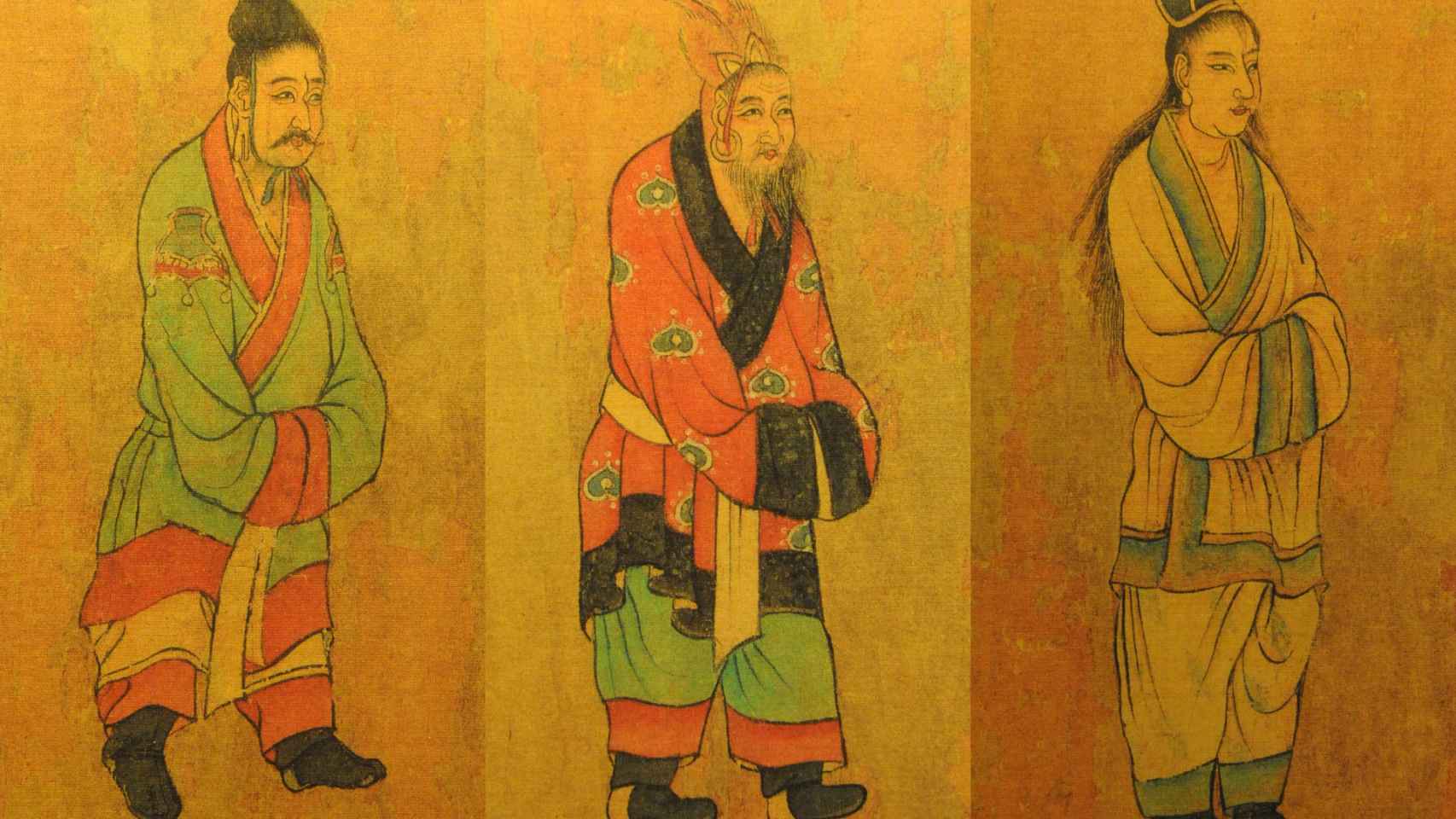 Pintura de siglo siete en la que aparecen tres reyes de la dinastía Tang