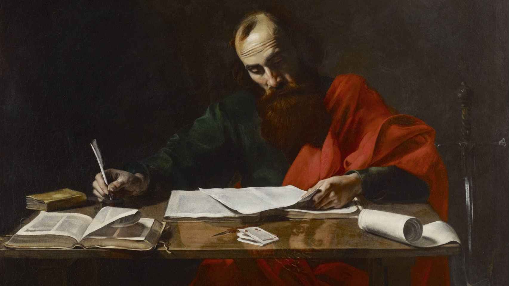 San Pablo escribiendo una de sus cartas, un lienzo atribuido al pintor Valentin de Boulogne