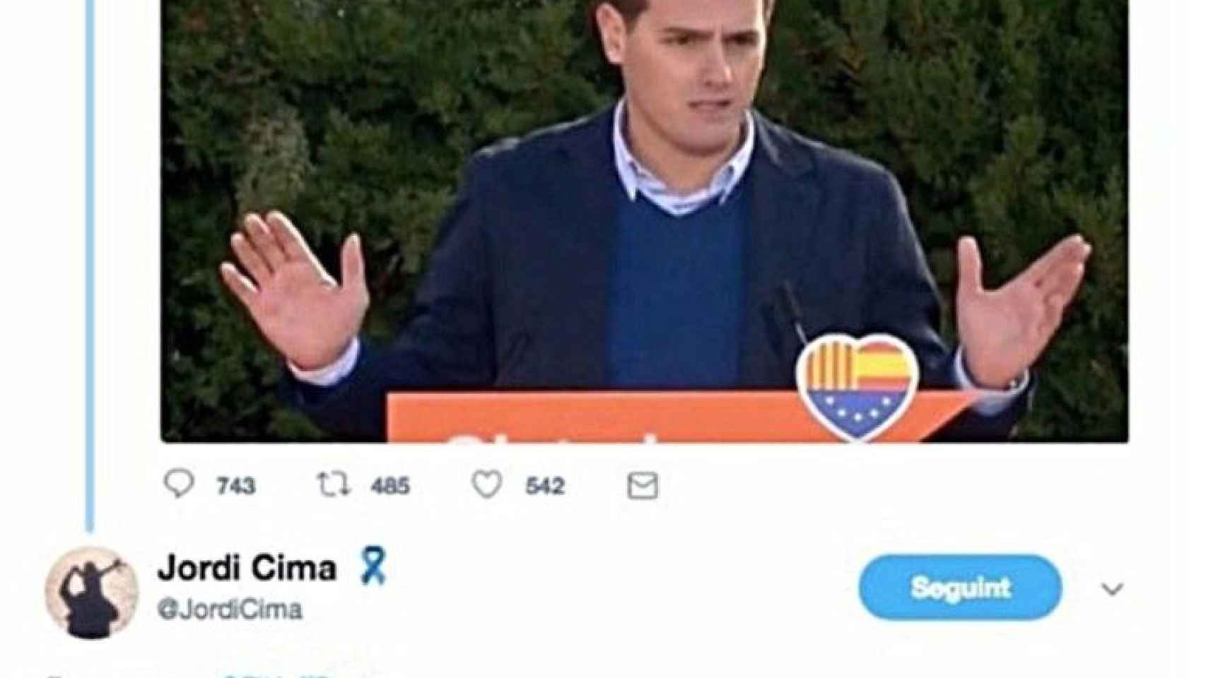 El tuit de Jordi Cima en el que insinúa que Ciudadanos son fachas como respuesta a otro comentario / TWITTER