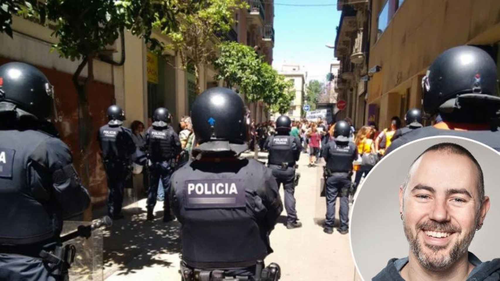 Eloi Badia, concejal del distrito de Gràcia por BComú, y una imagen de las protestas del domingo en el barrio por el desalojo del banco.