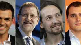 De izquierda a derecha, Pedro Sánchez (PSOE), Mariano Rajoy (PP), Pablo Iglesias (Podemos) y Albert Rivera (C')