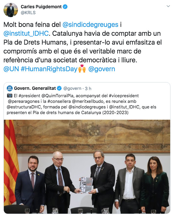 El mensaje de Carles Puigdemont en apoyo del Síndic de Greuges, Rafael Ribó / TWITTER