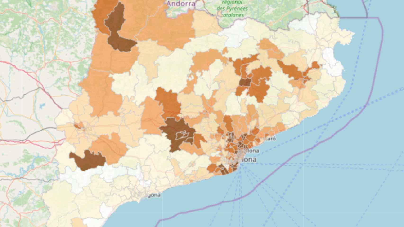 Mapa de Cataluña con las zonas más afectadas por el coronavirus
