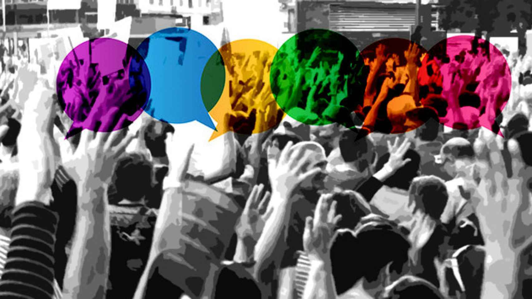 Manifestación con las manos arriba con una imagen de #Hablemos #Parlem / CG